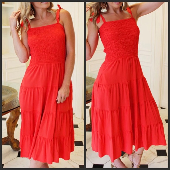 Culture Code Dresses & Skirts - Apple Red Smocking Tube Tiered MIDI Dress